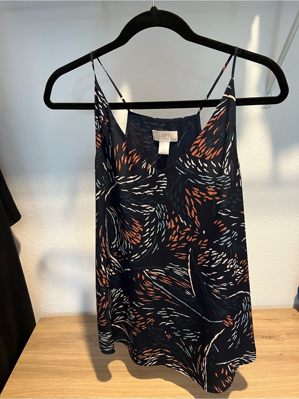 LOFT Navy Floral-Print Spaghetti-Strap Cami with Rust & White Accents